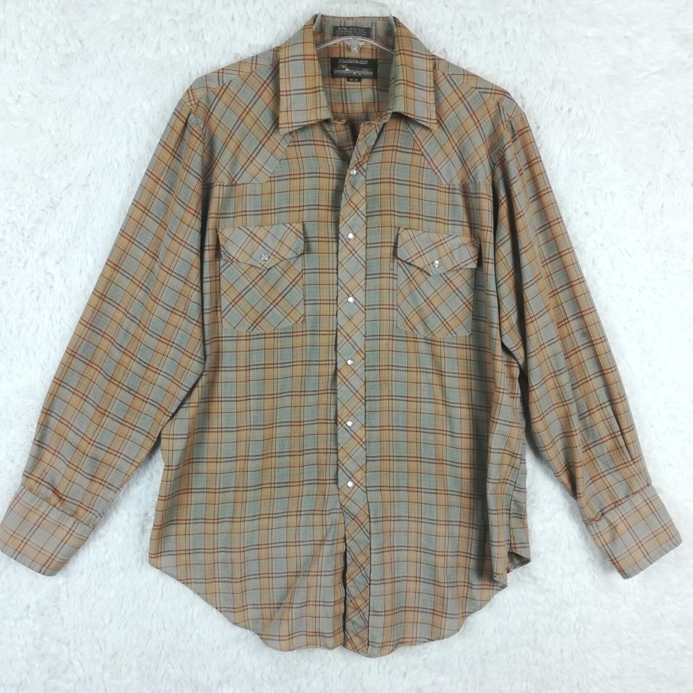 Plainsman Shirt Mens Western Button Down Pearl Snaps Tan Blue Plaid 16 1/2 35